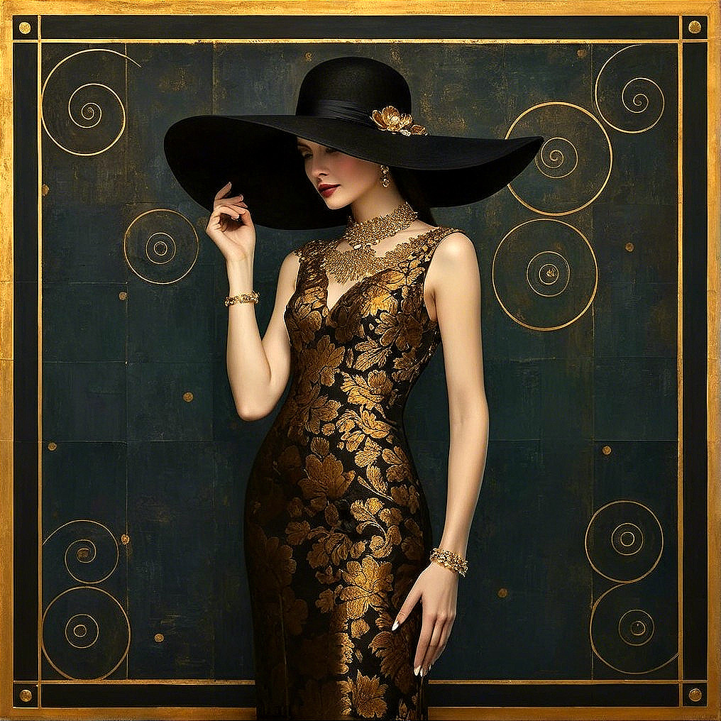 Elegant Woman in Floral Gown with Black Hat