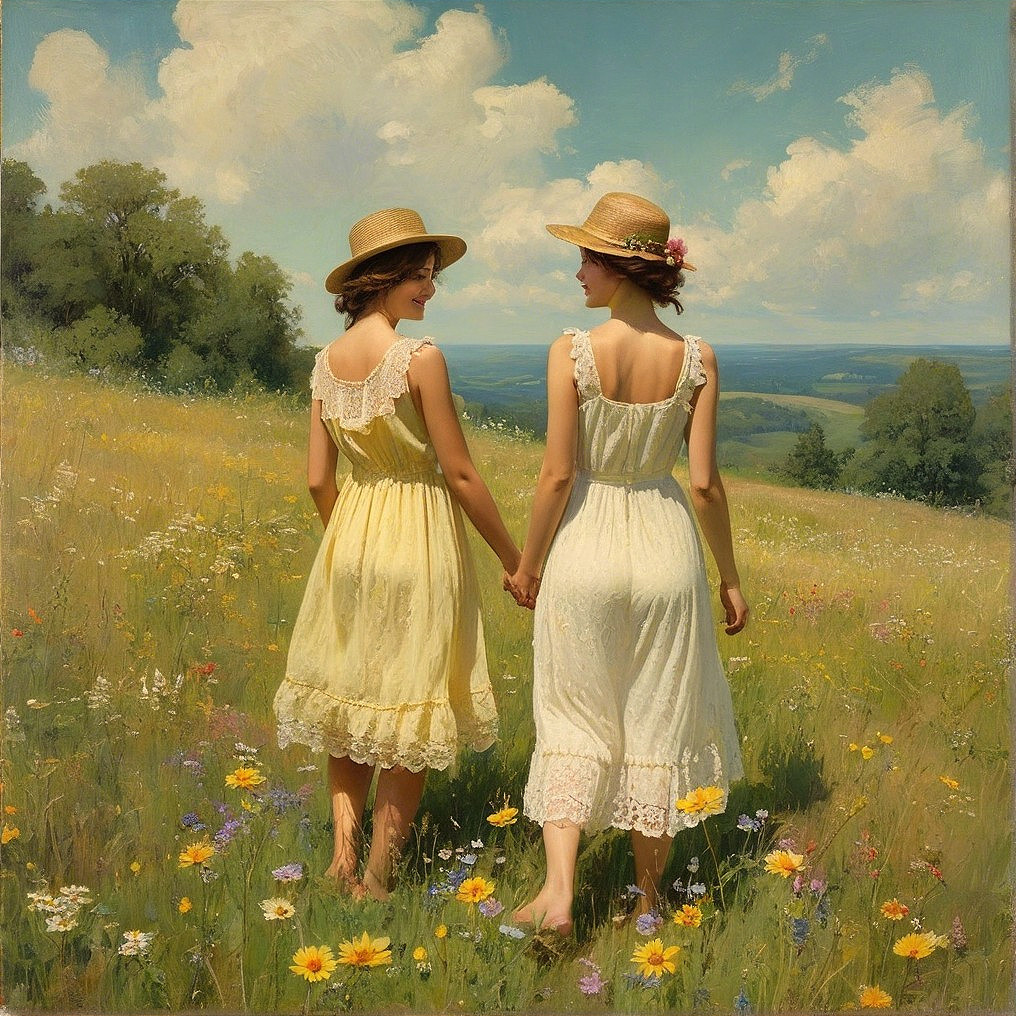 Young women in meadow with wildflowers and hats