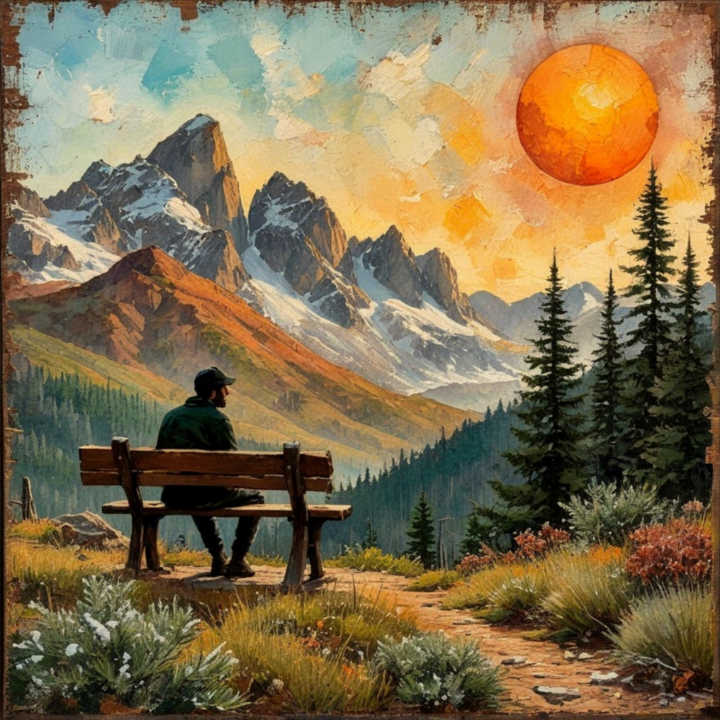 Solitary Figure Observing Mountain Sunset Landscape