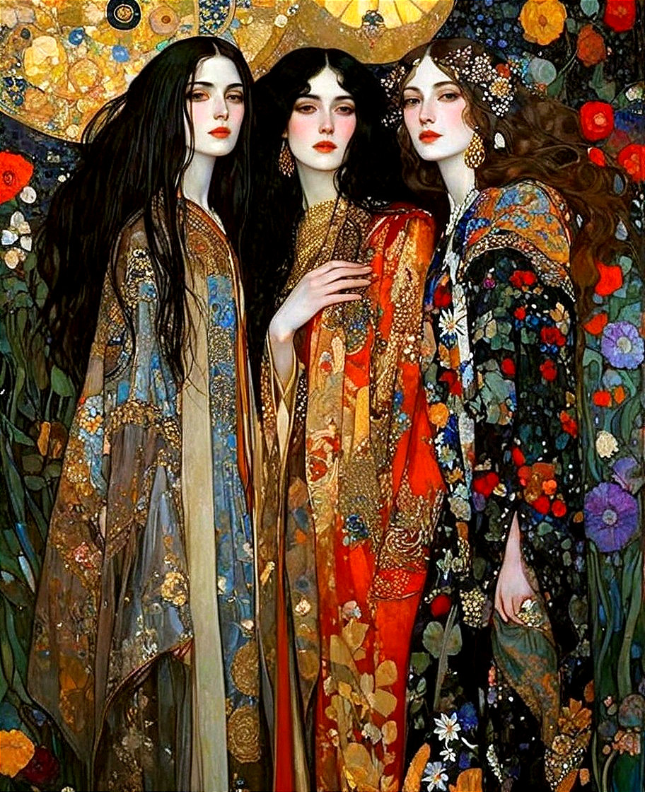 Elegant women in patterned robes with floral designs