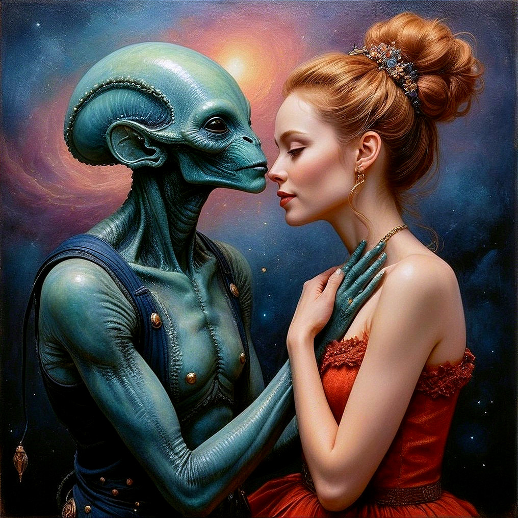 Humanoid Alien and Woman in Cosmic Encounter
