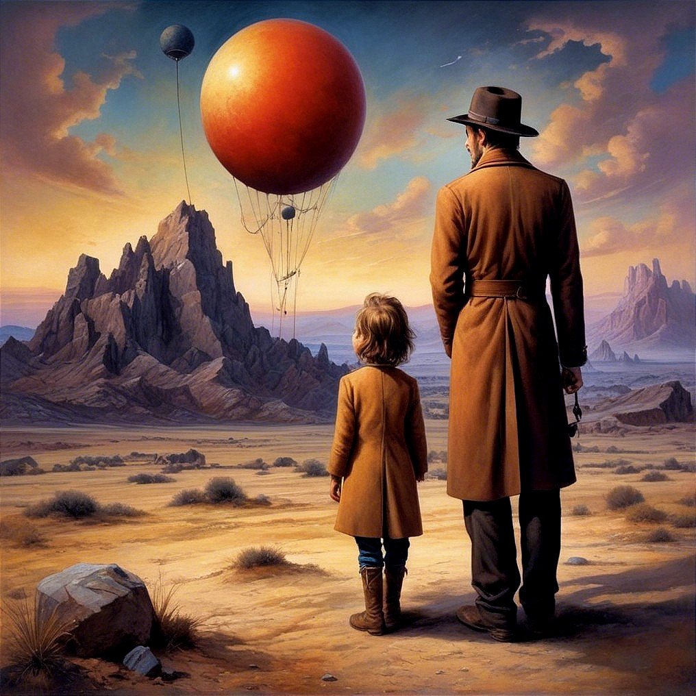 Man and child in a surreal desert landscape scene