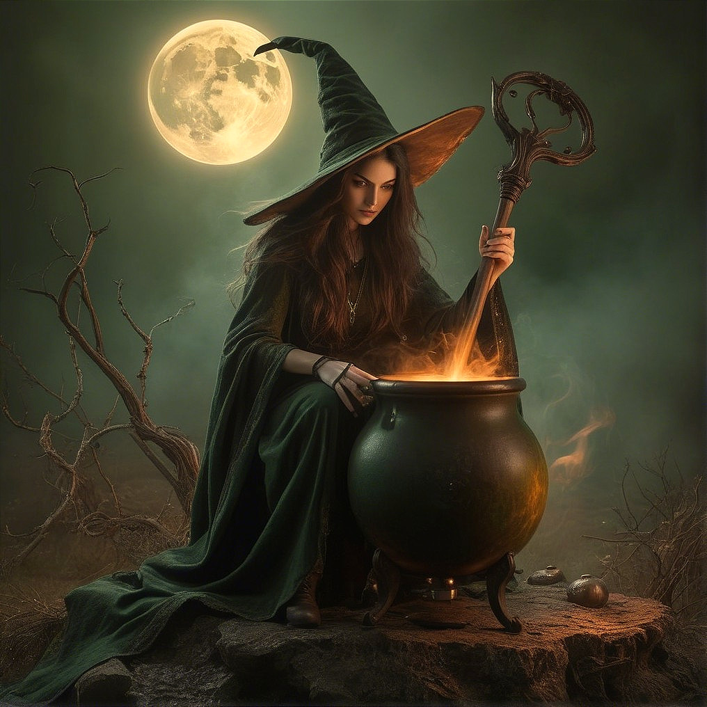Witch in Moonlight with Cauldron and Enchanting Setting