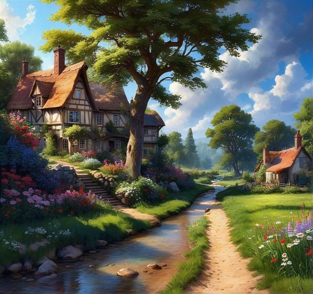 Charming Cottage in Vibrant Flower Garden Landscape