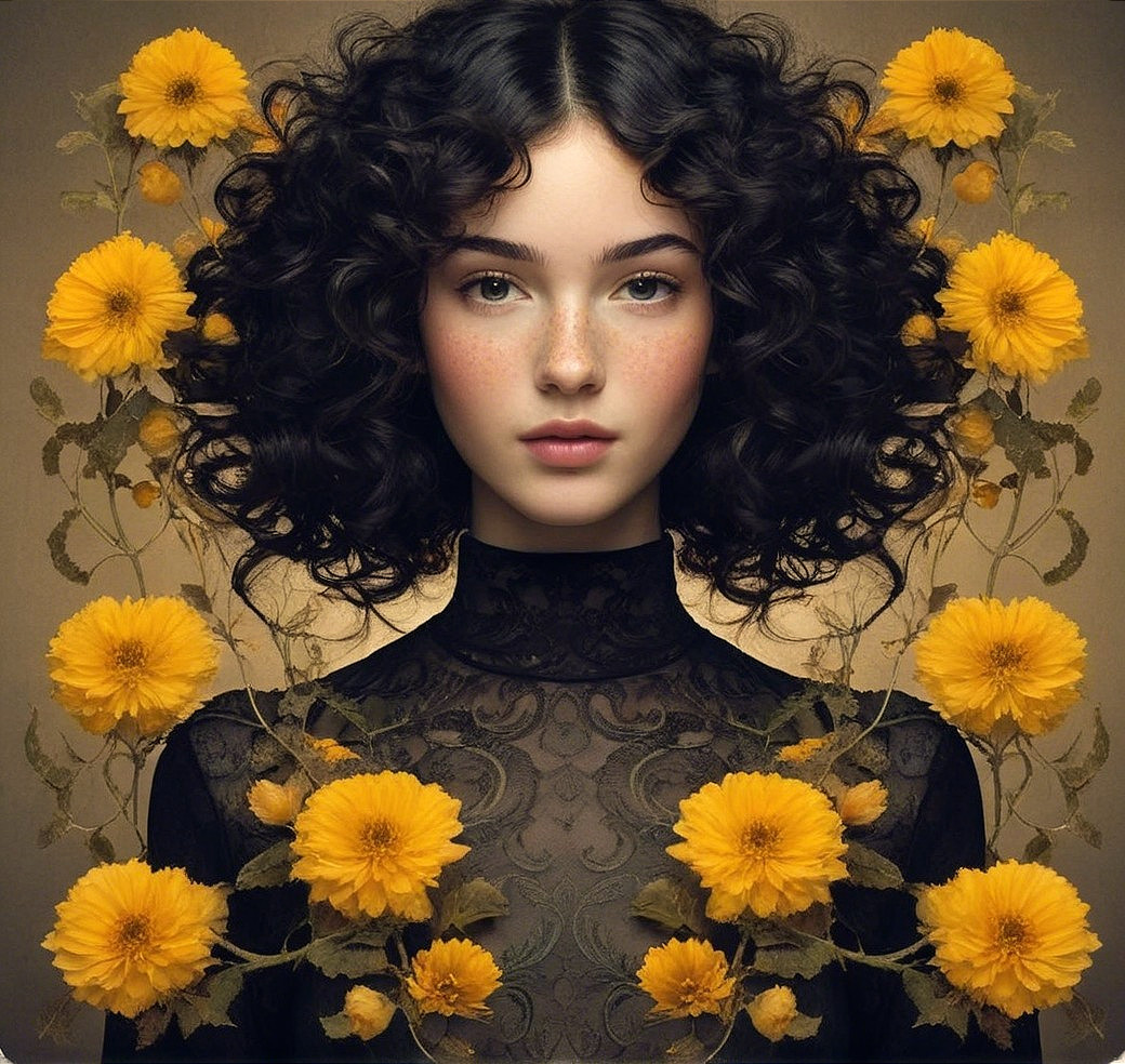 Young woman with curly hair amid yellow flowers