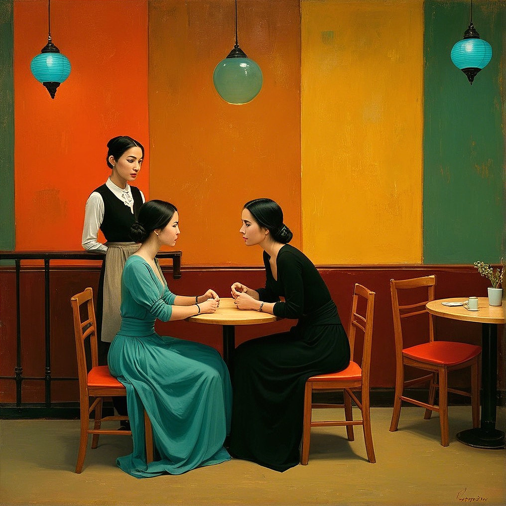 Two Women in Elegant Dresses at a Round Table