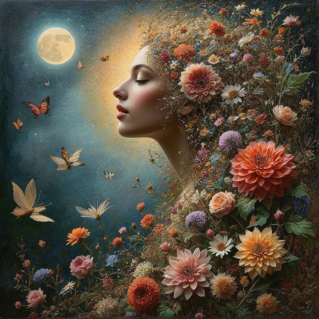 Serene Woman Surrounded by Vibrant Flowers and Butterflies