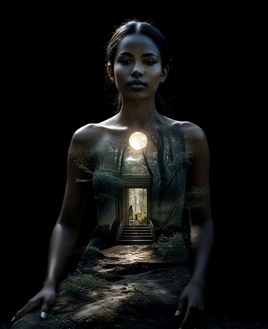 Silhouette of Woman Merging with Mystical Forest Scene