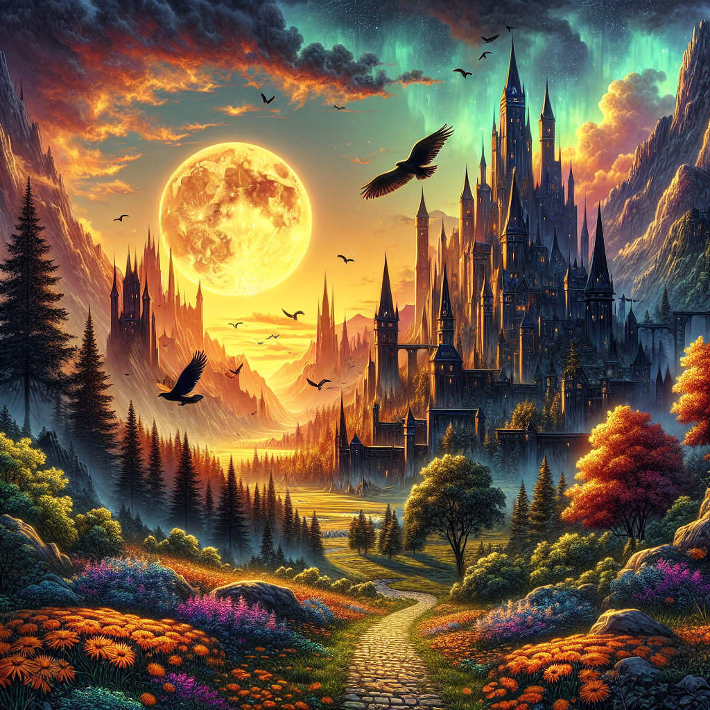 Surreal Landscape of a Magical Kingdom at Sunset