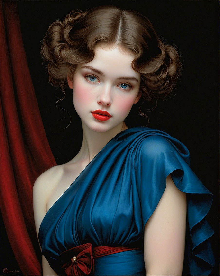 Elegant Portrait of a Woman in Blue Draped Garment