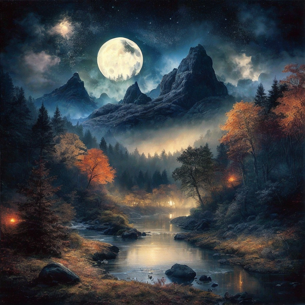 Serene Night Landscape with River and Mountains