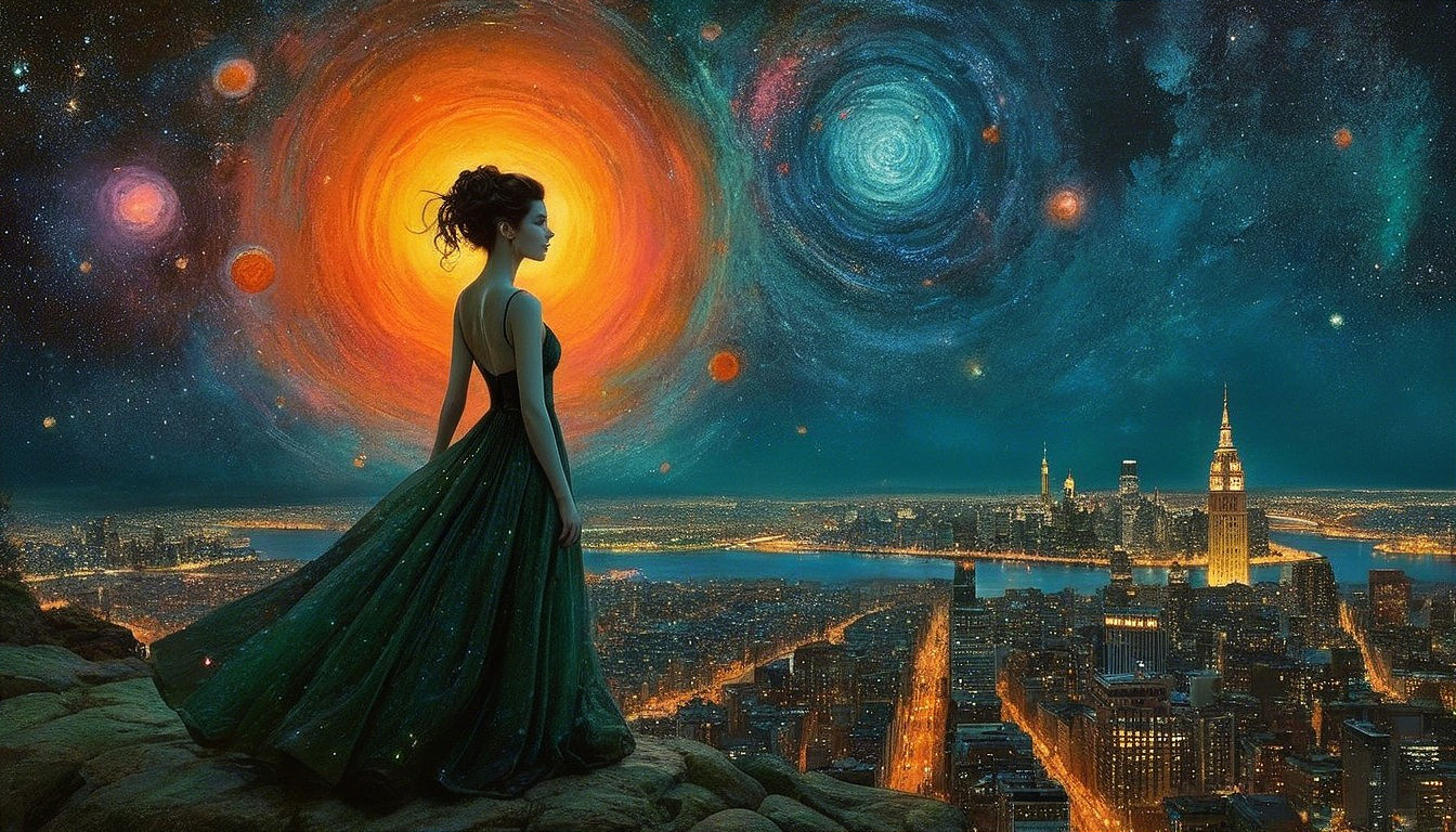 Woman in Green Dress Overlooking Cosmic Cityscape