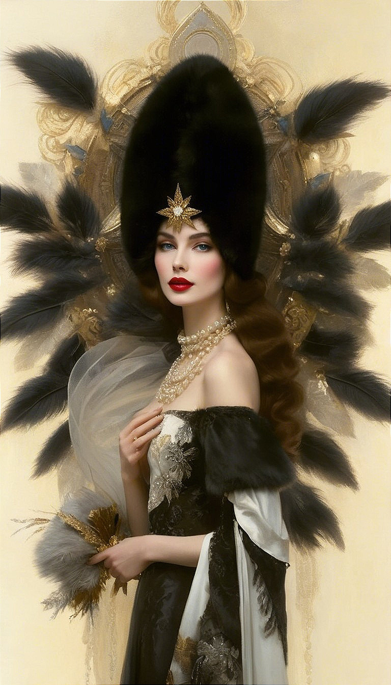 Elegant woman in luxurious black and white gown
