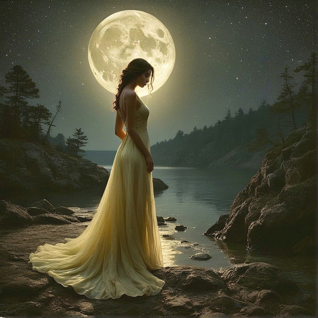 Tranquil Lake Scene Under a Full Moon and Stars