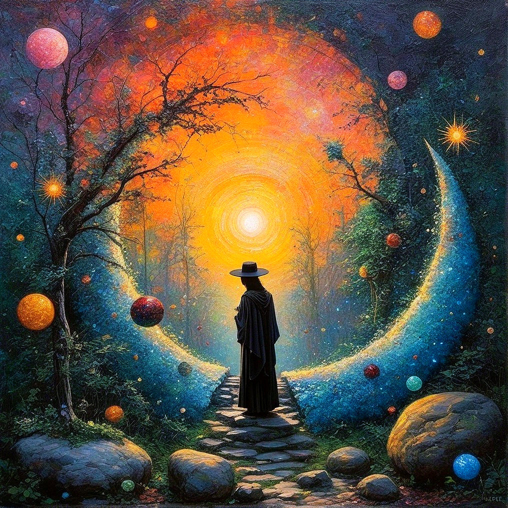 Cloaked Figure on Winding Path Under Celestial Bodies