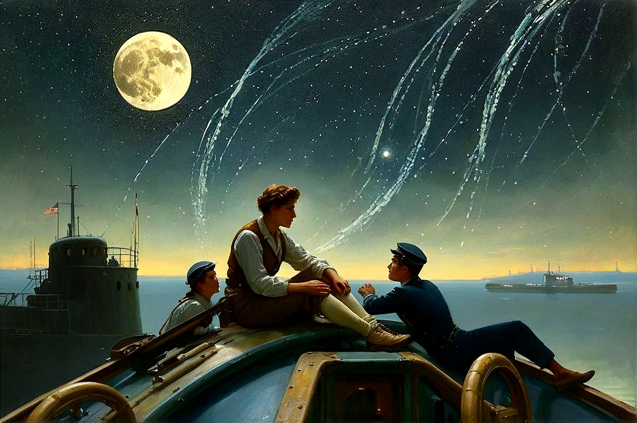 Night Scene of Figures on a Submarine Under Stars