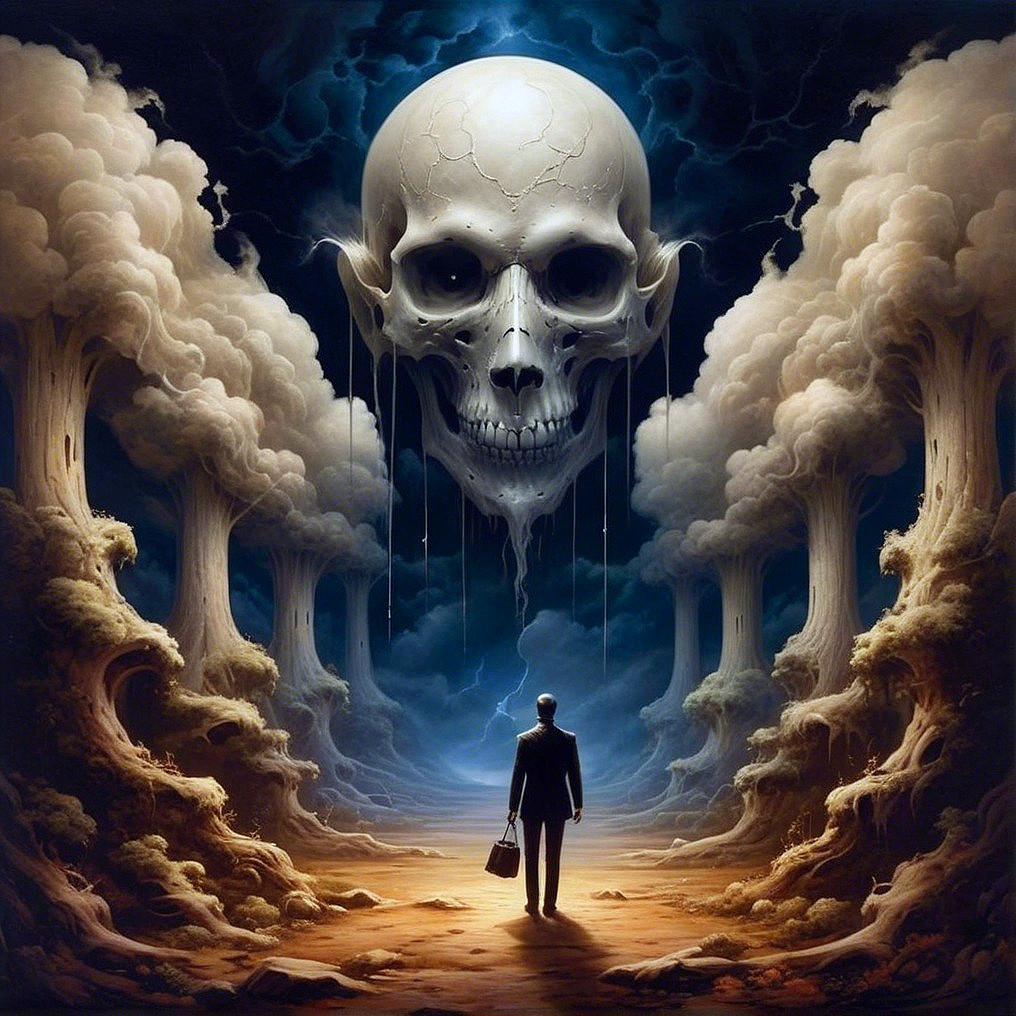 Surreal Landscape with Ethereal Skull and Figure in Suit