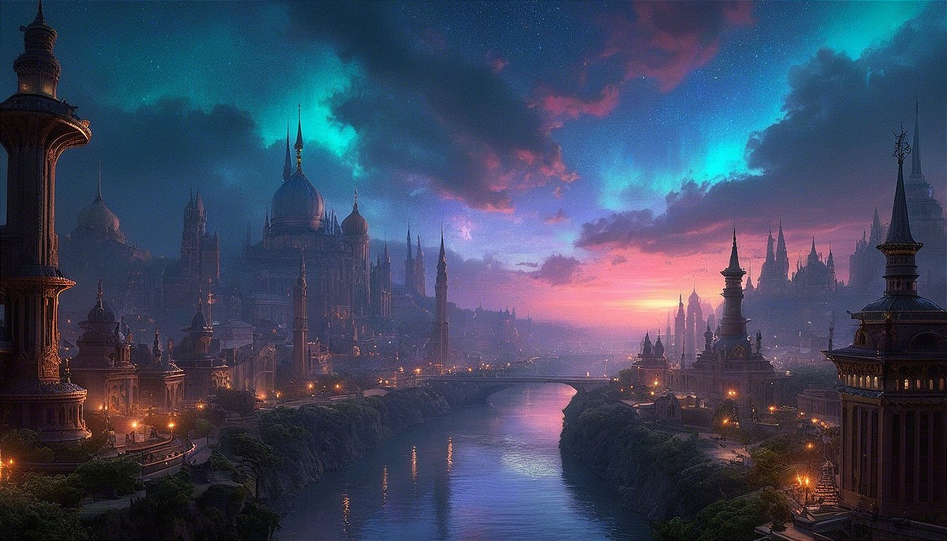 Fantasy Cityscape at Twilight with Spires and River