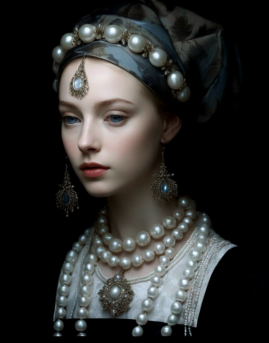 Young woman in luxurious pearl jewelry and headdress