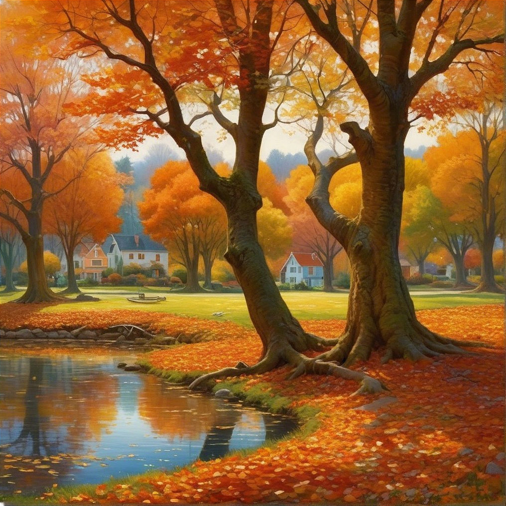 Autumn Landscape with Vibrant Leaves and Calm Pond