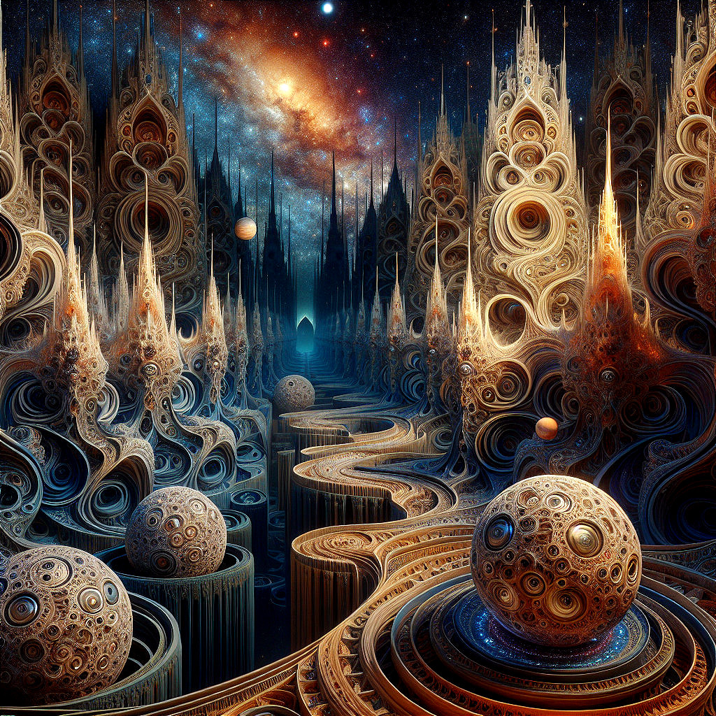 Otherworldly landscape with spiraling structures and galaxy