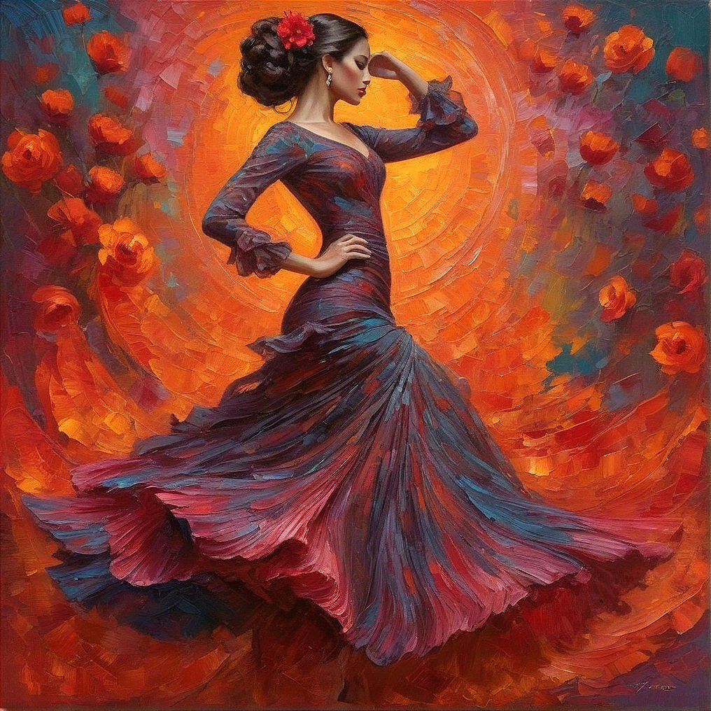 Elegant dancer in vibrant red and orange background