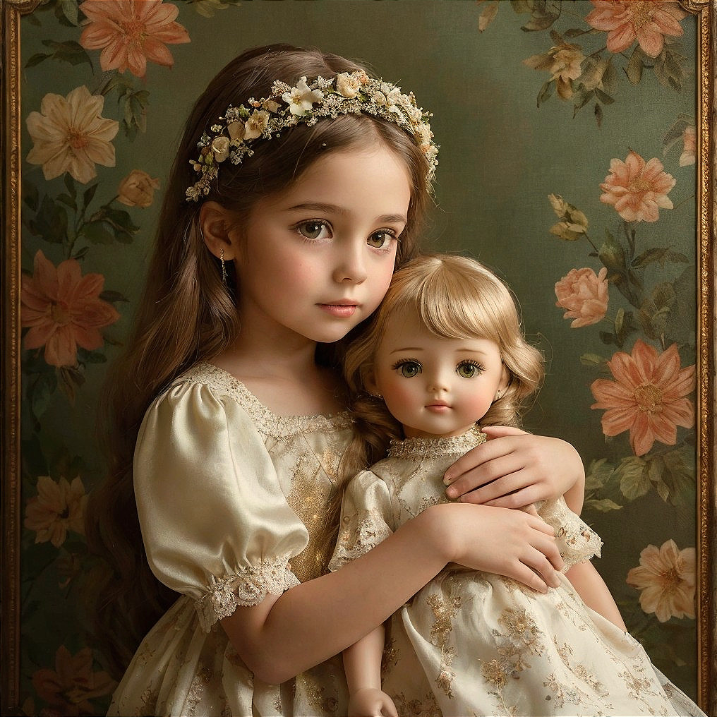 Young girl in cream dress with porcelain doll and flowers