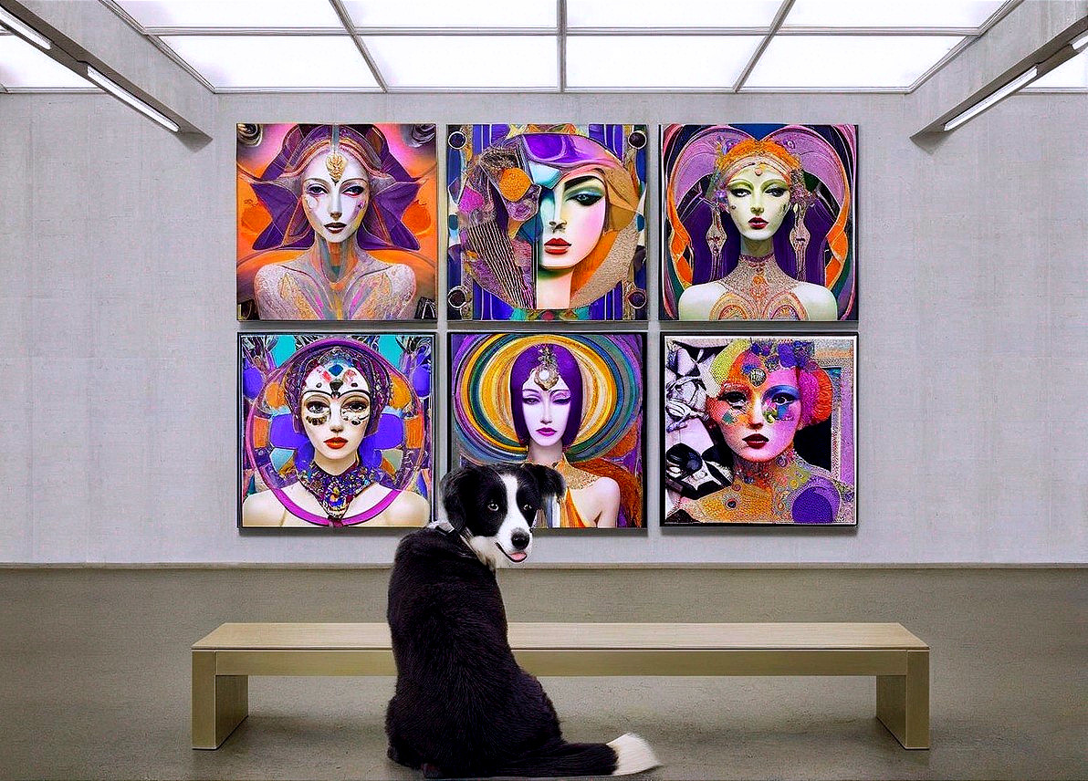 Black and white dog in modern art gallery with portraits