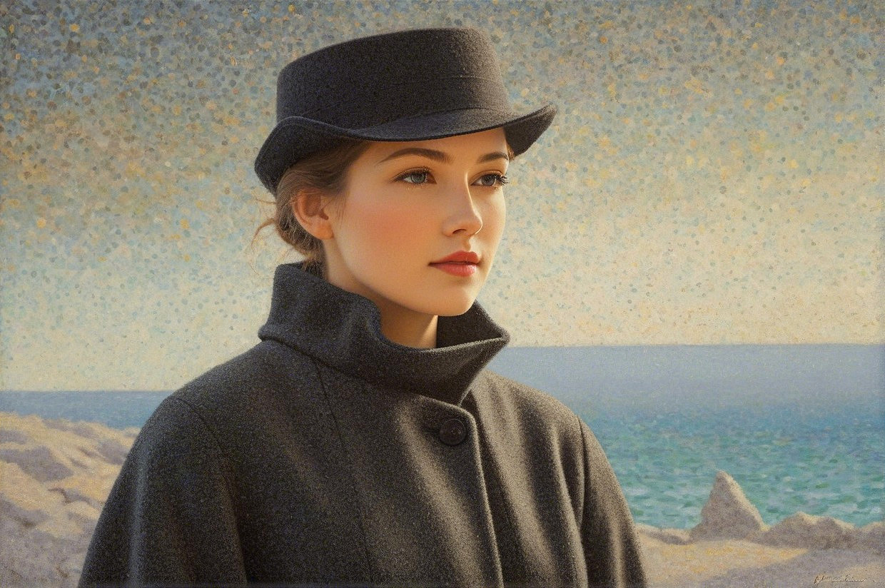 Contemplative Woman by the Ocean with Textured Sky