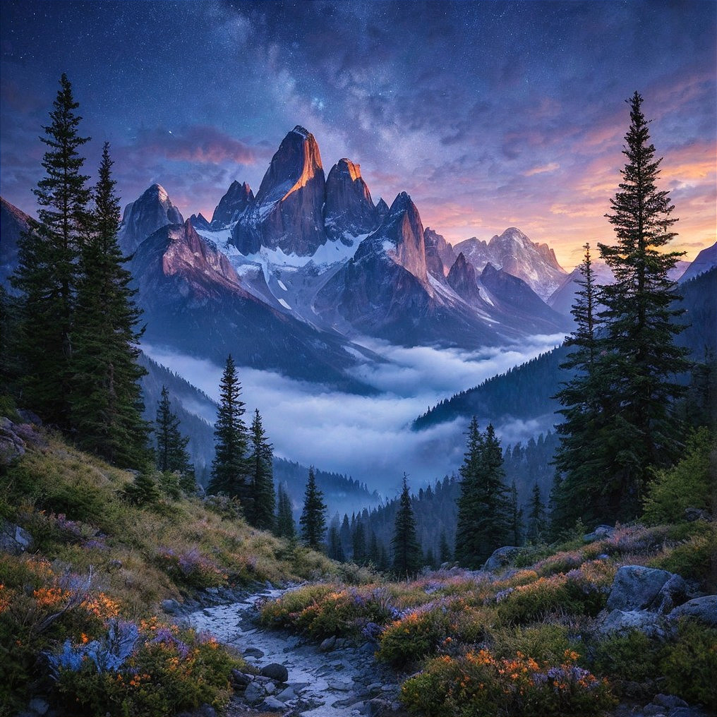 Twilight Mountain Landscape with Wildflowers and Stars