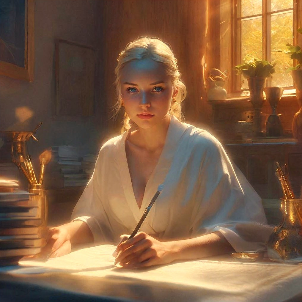 Serene Young Woman Writing at Wooden Desk in Warm Light