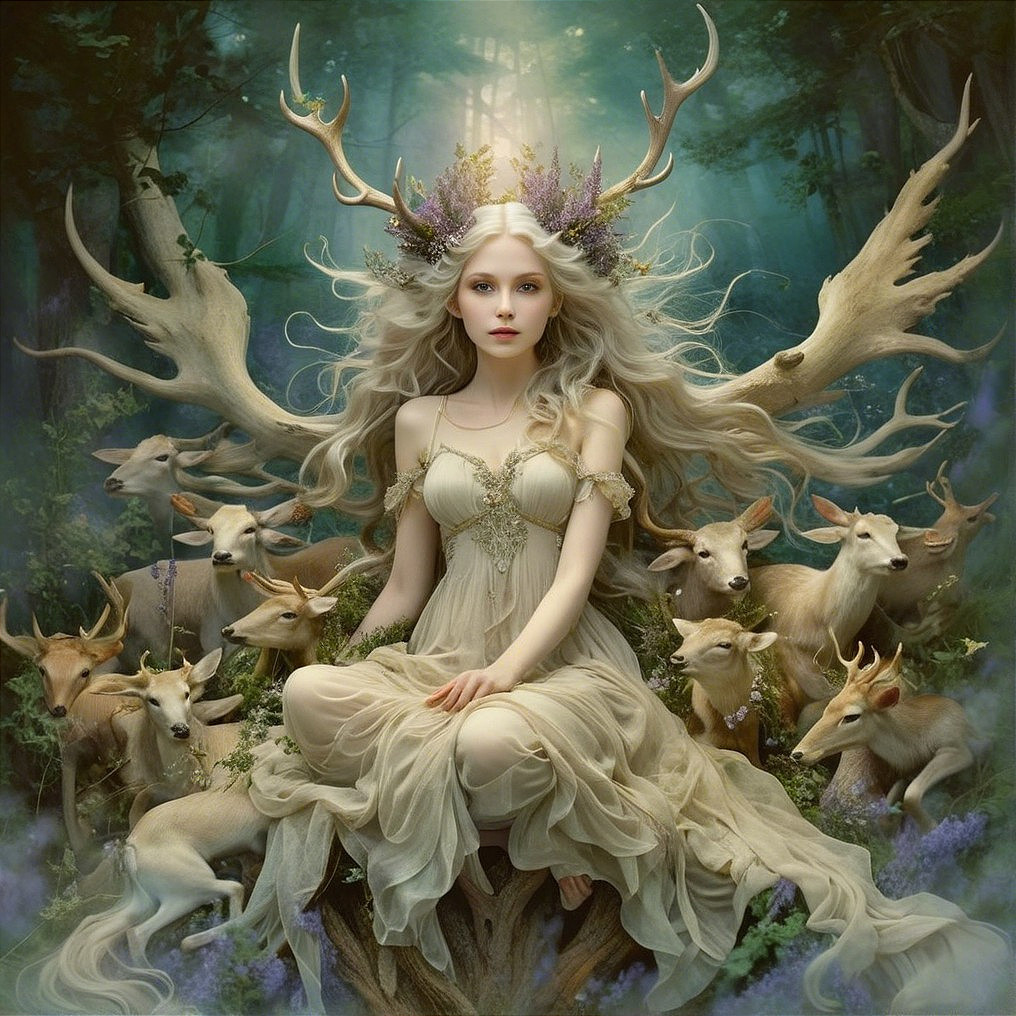 Serene figure in a mystical forest with deer and light
