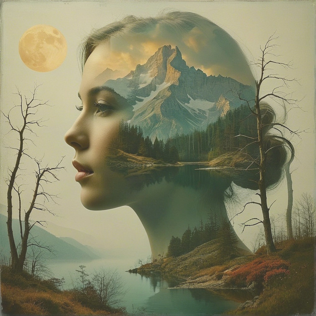 Double Exposure of Woman's Profile with Landscape Elements