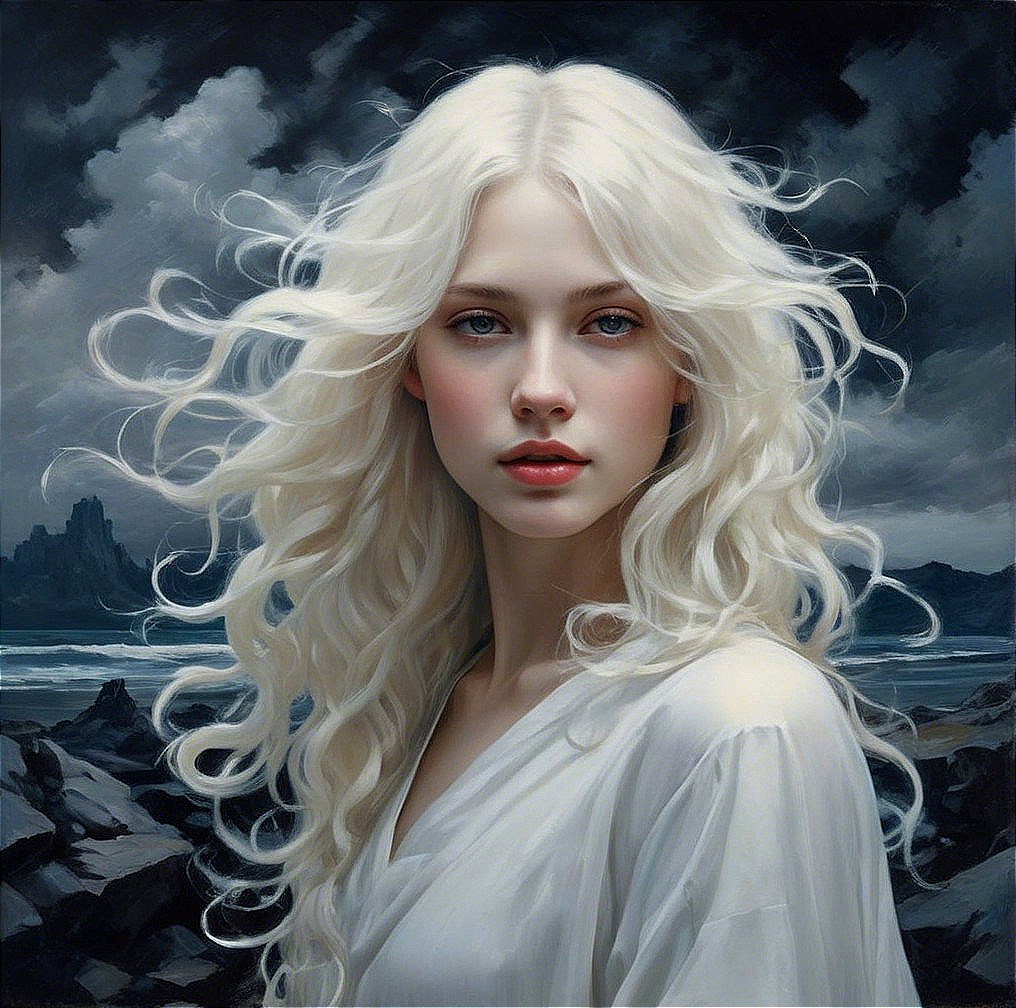 Young woman with white hair in stormy landscape