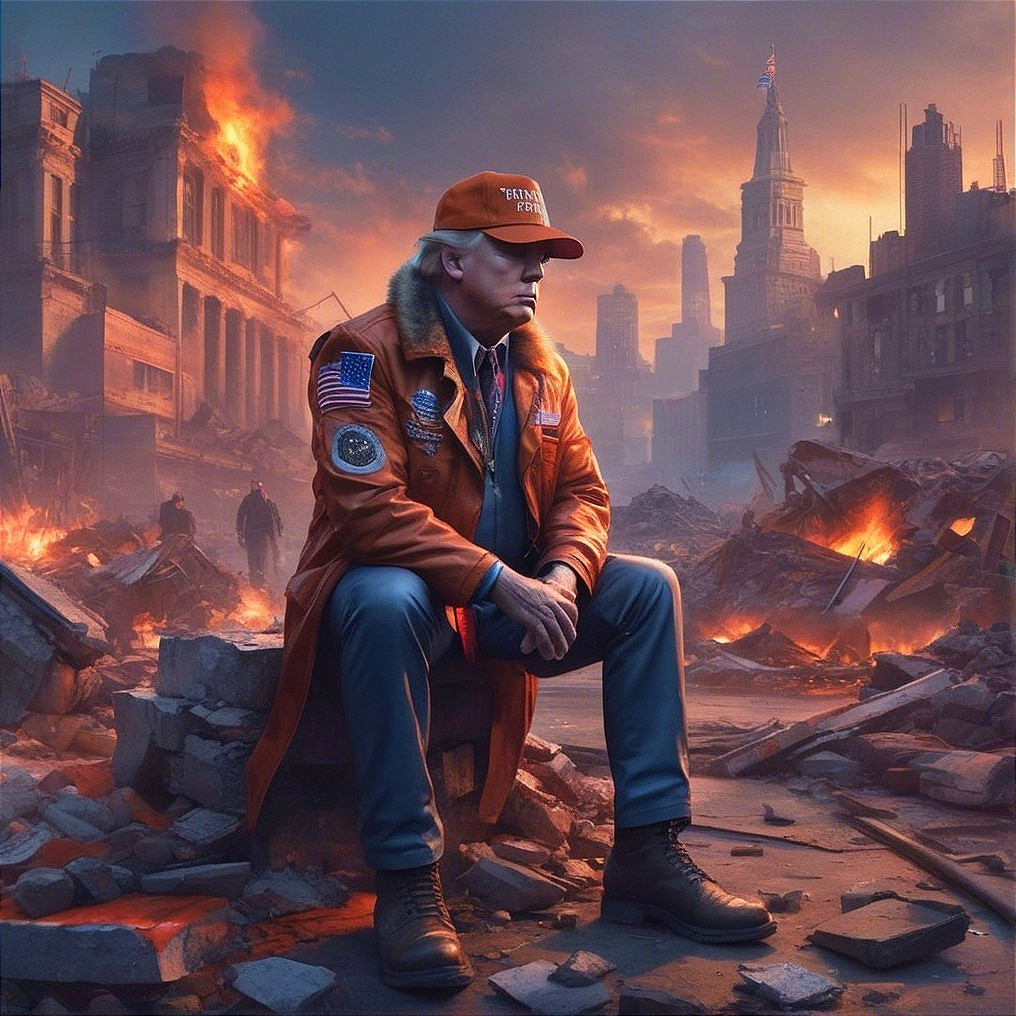 Dystopian Scene with Figure in Orange Jacket Amid Ruins