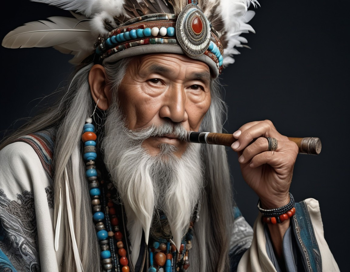 Elderly Figure in Traditional Attire Playing Flute