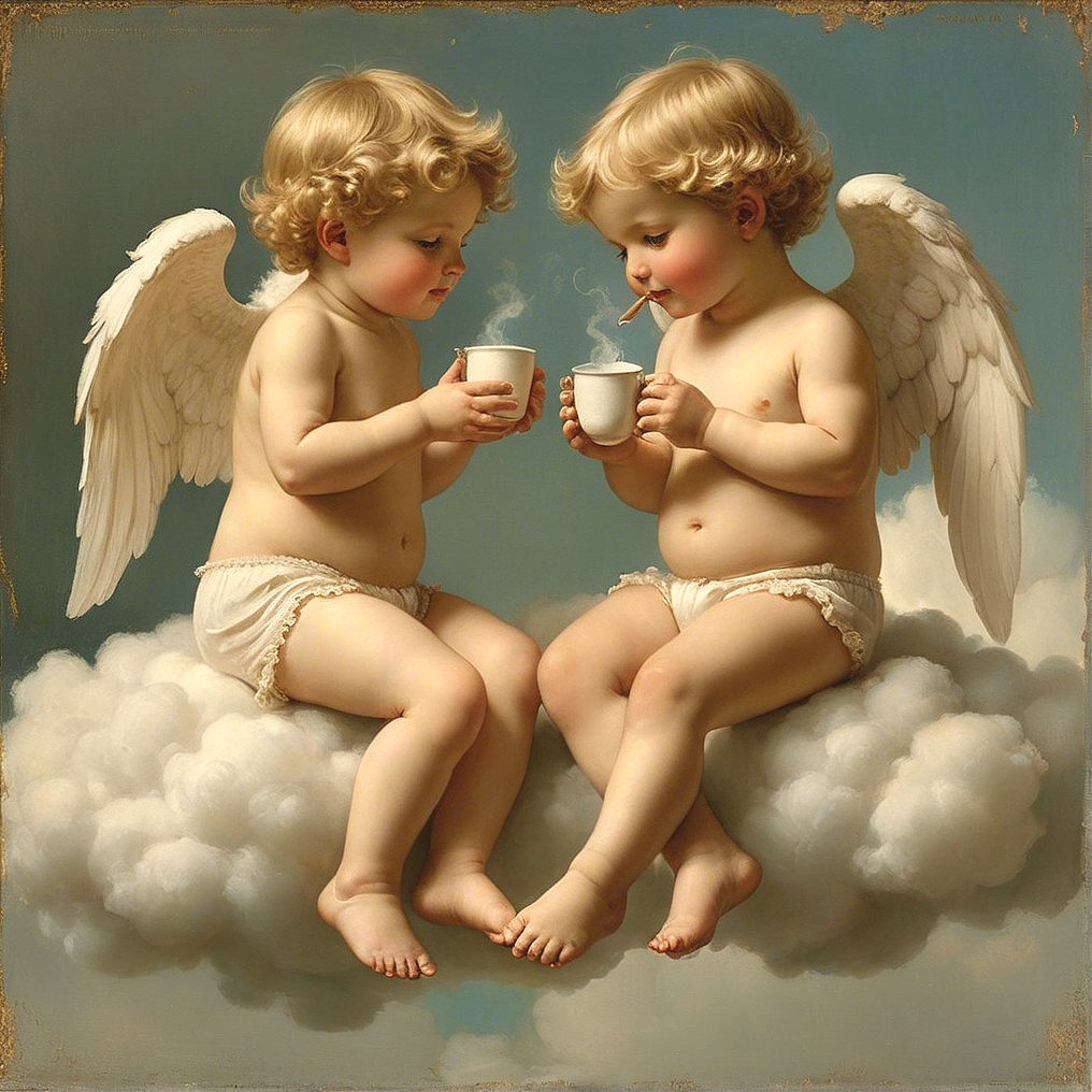 Cherubic Infants on Clouds with Playful Expressions