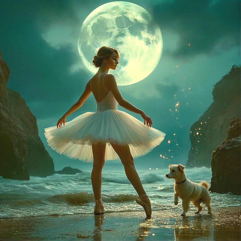 Ballerina in White Tutu Dances on Serene Beach
