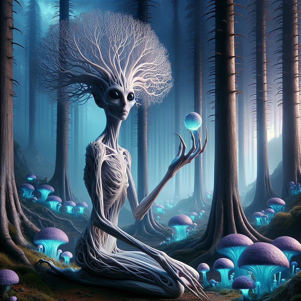 Skeletal Figure in Mystical Forest with Luminous Mushrooms