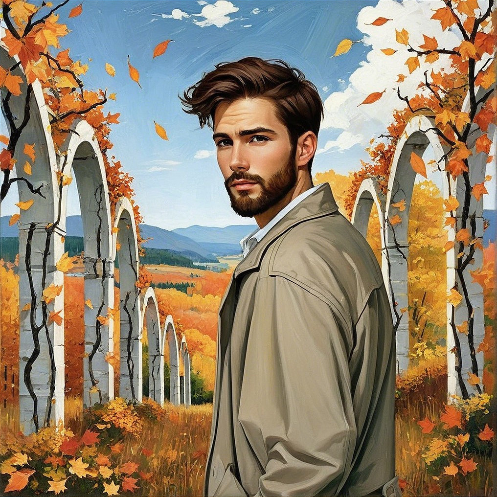 Portrait of a Man in Autumn Landscape with Archways