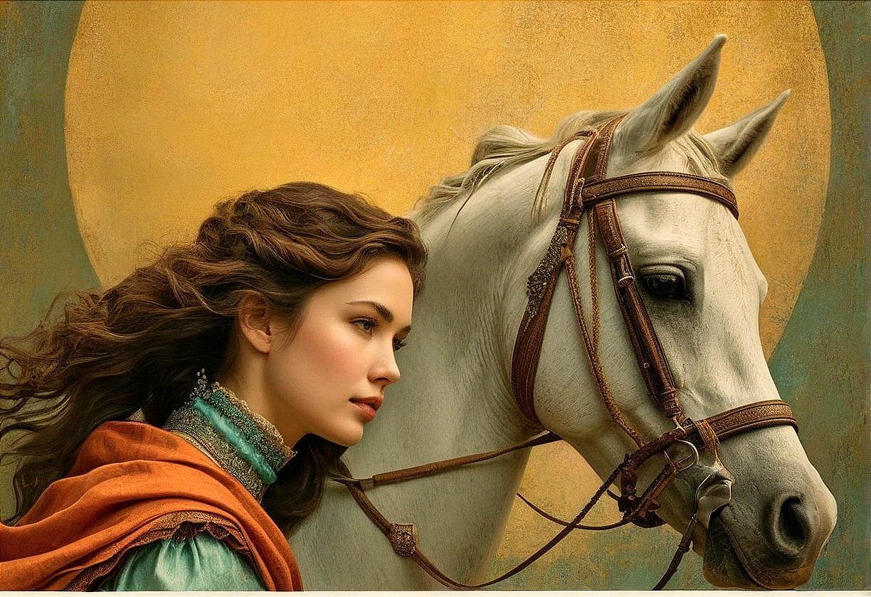 Young woman and white horse under golden glow