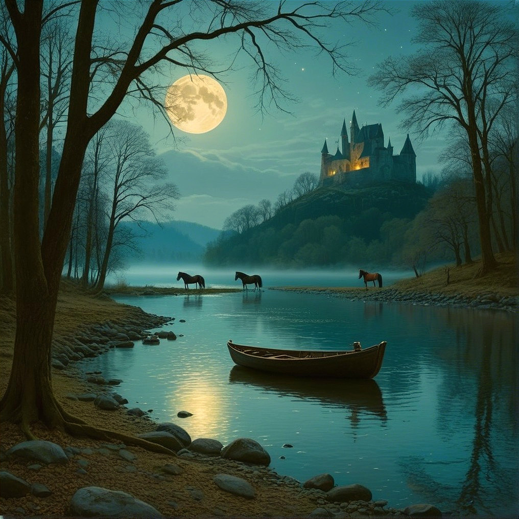 Tranquil River Scene with Moonlit Landscape and Castle