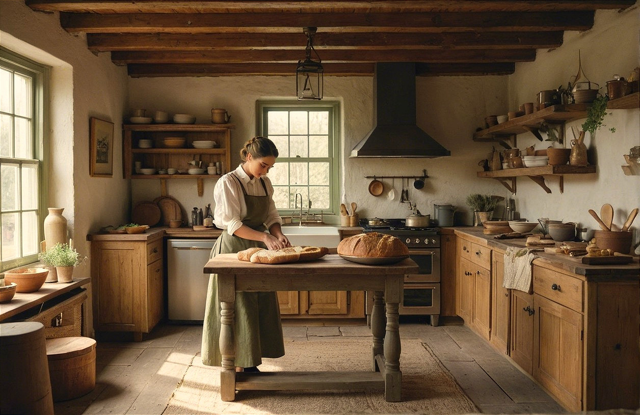 Rustic kitchen with wooden beams and warm ambiance