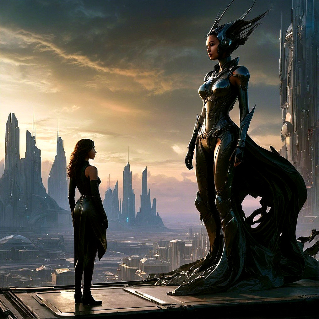 Futuristic Landscape with Towering Armored Figure