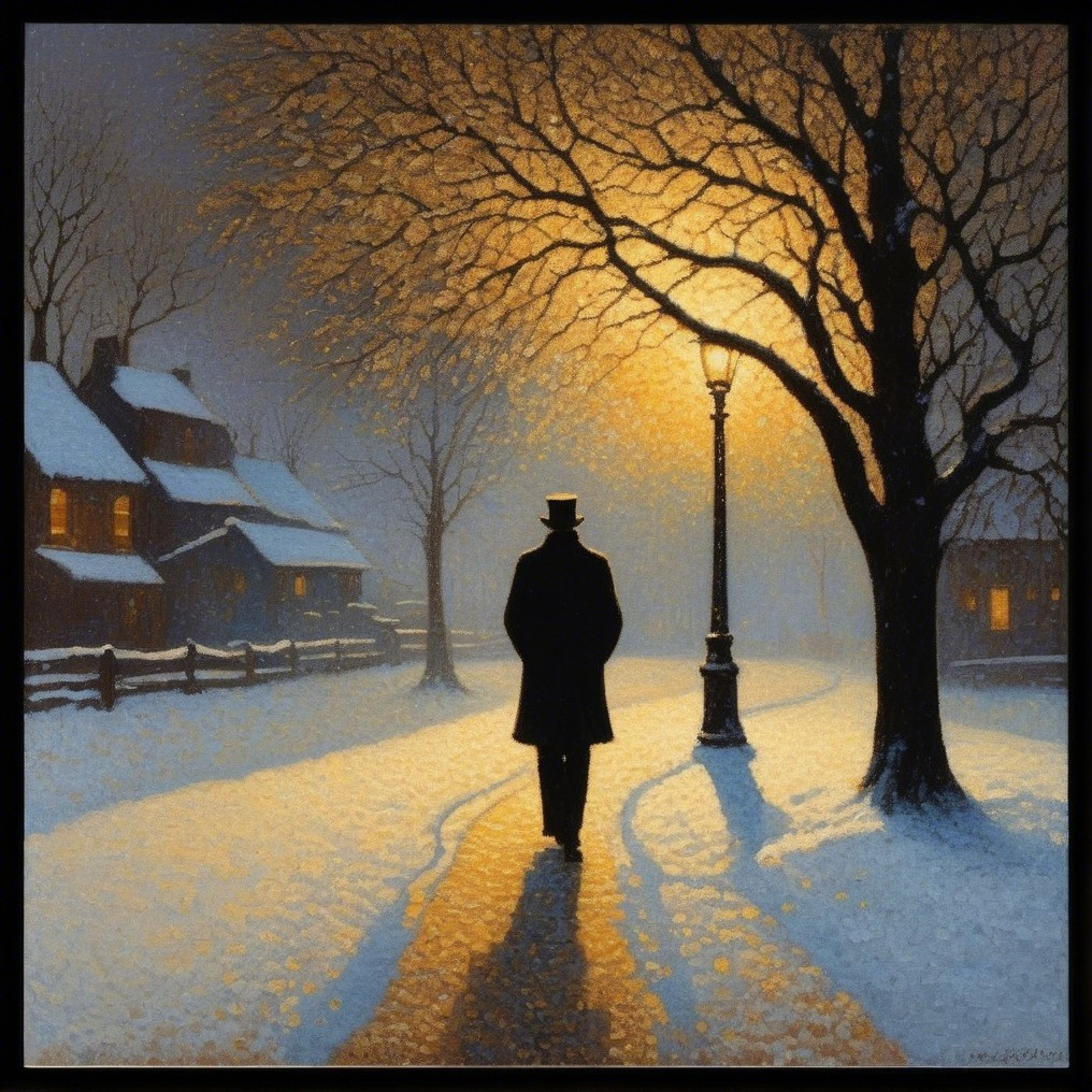 Solitary Figure Walking on Snowy Path at Night