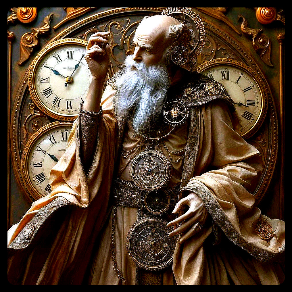 Elderly Figure Surrounded by Intricate Clocks and Gears