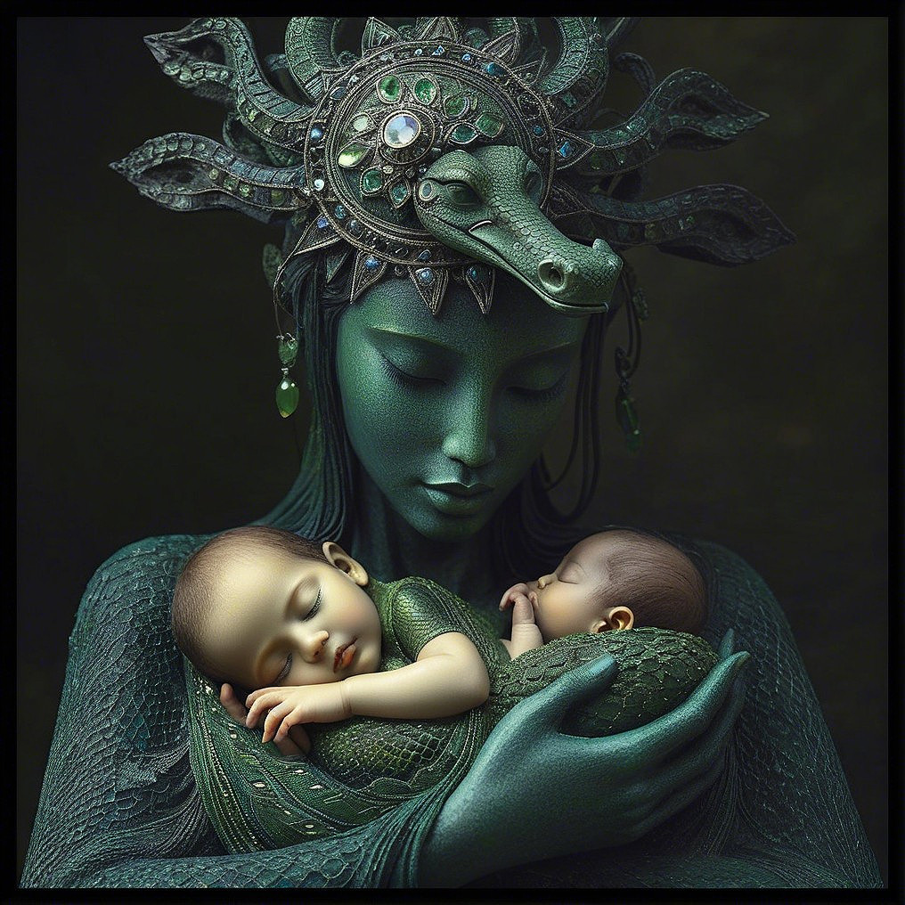 Mythical goddess figure with infants in green tones