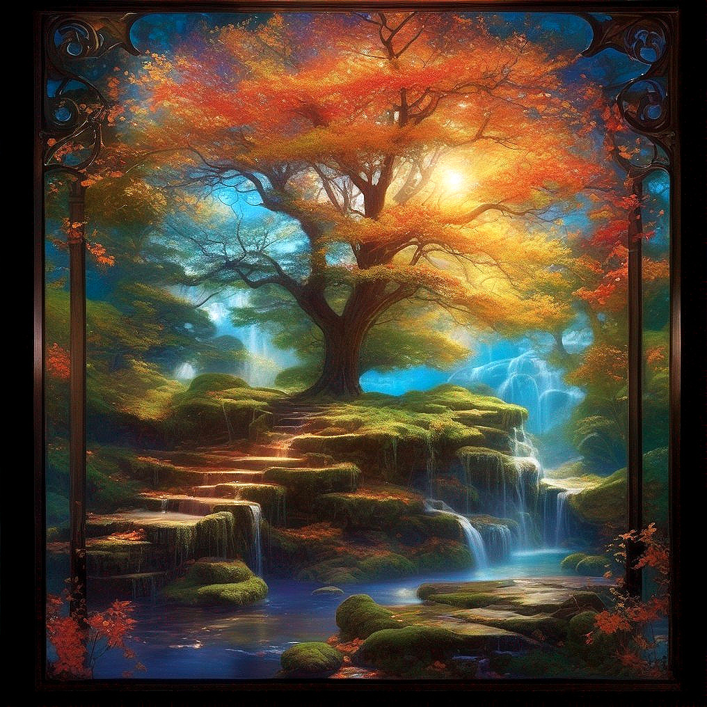 Serene Autumn Landscape with Waterfalls and Lush Greenery