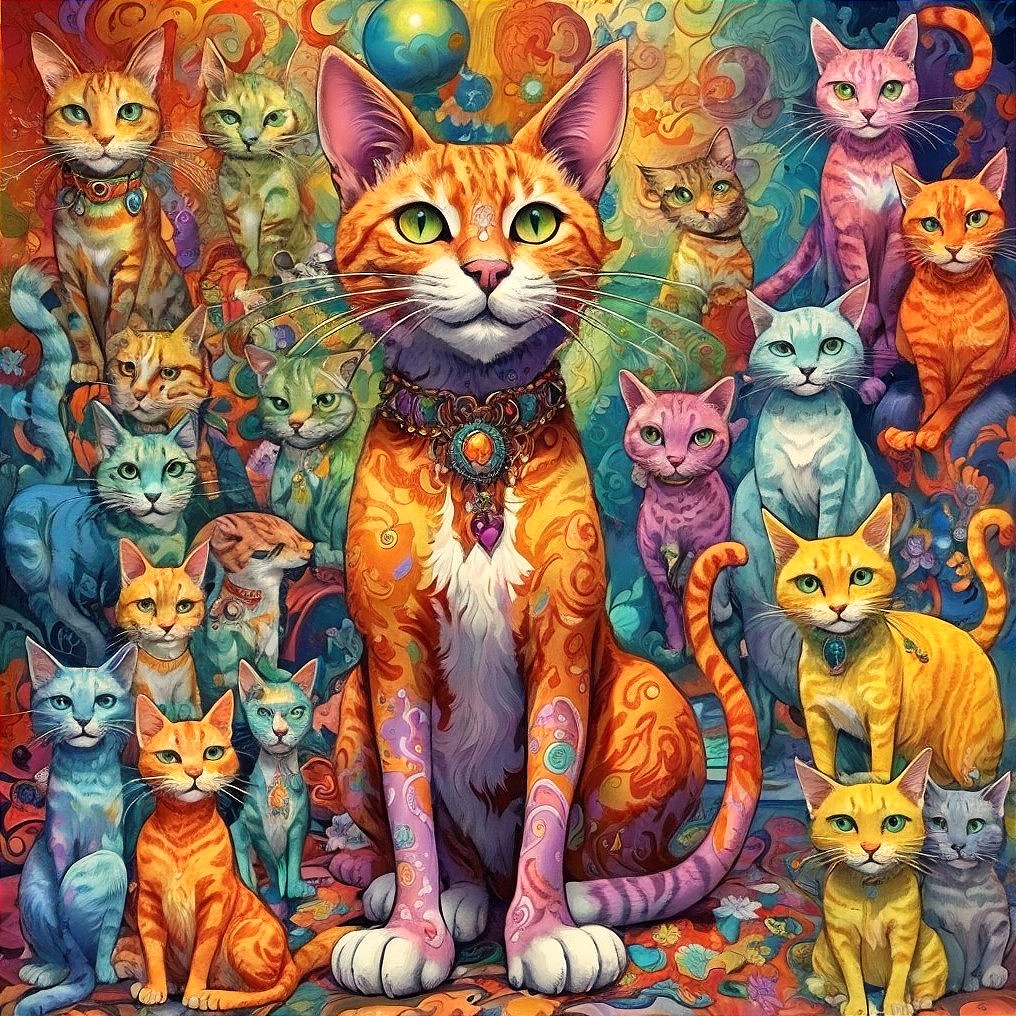 Colorful Illustration of Majestic Cat Surrounded by Others