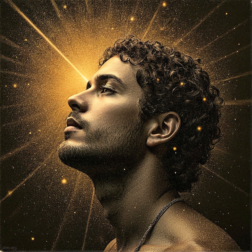 Curly-haired man in radiant light and shimmering particles